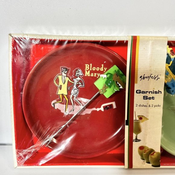 SHONFELD'S GARNISH SET Cosmopolitan & Martini 2 Dishes & 2 Picks New - Picture 2 of 4